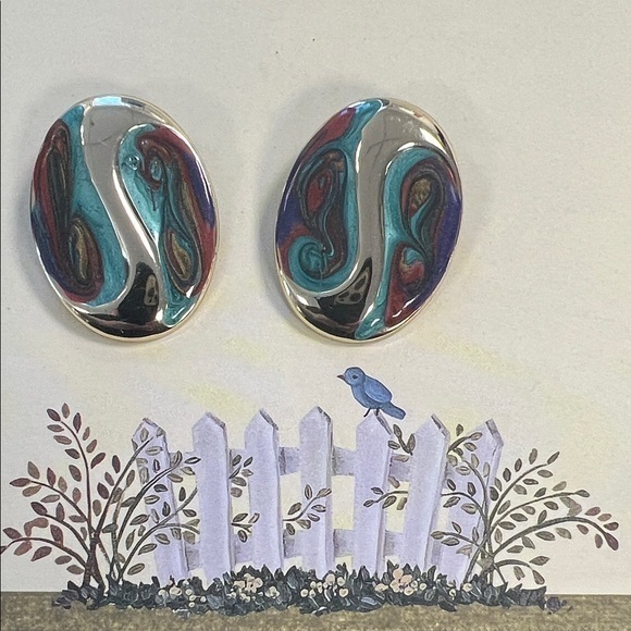 Jewelry - Vintage 1980s Multi Color Swirled Enamel on Gold Tone Pierced Earrings